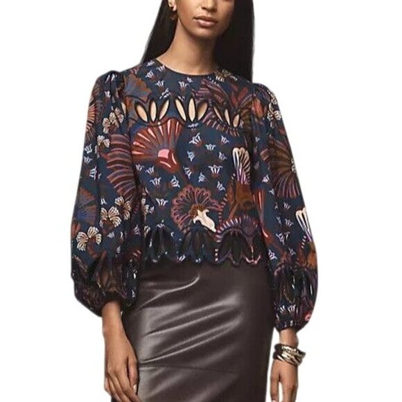 Farm Rio Anthropologie Cutwork Blouse Scalloped-Hem Balloon-Sleeve Top Women XXS - Picture 2 of 9